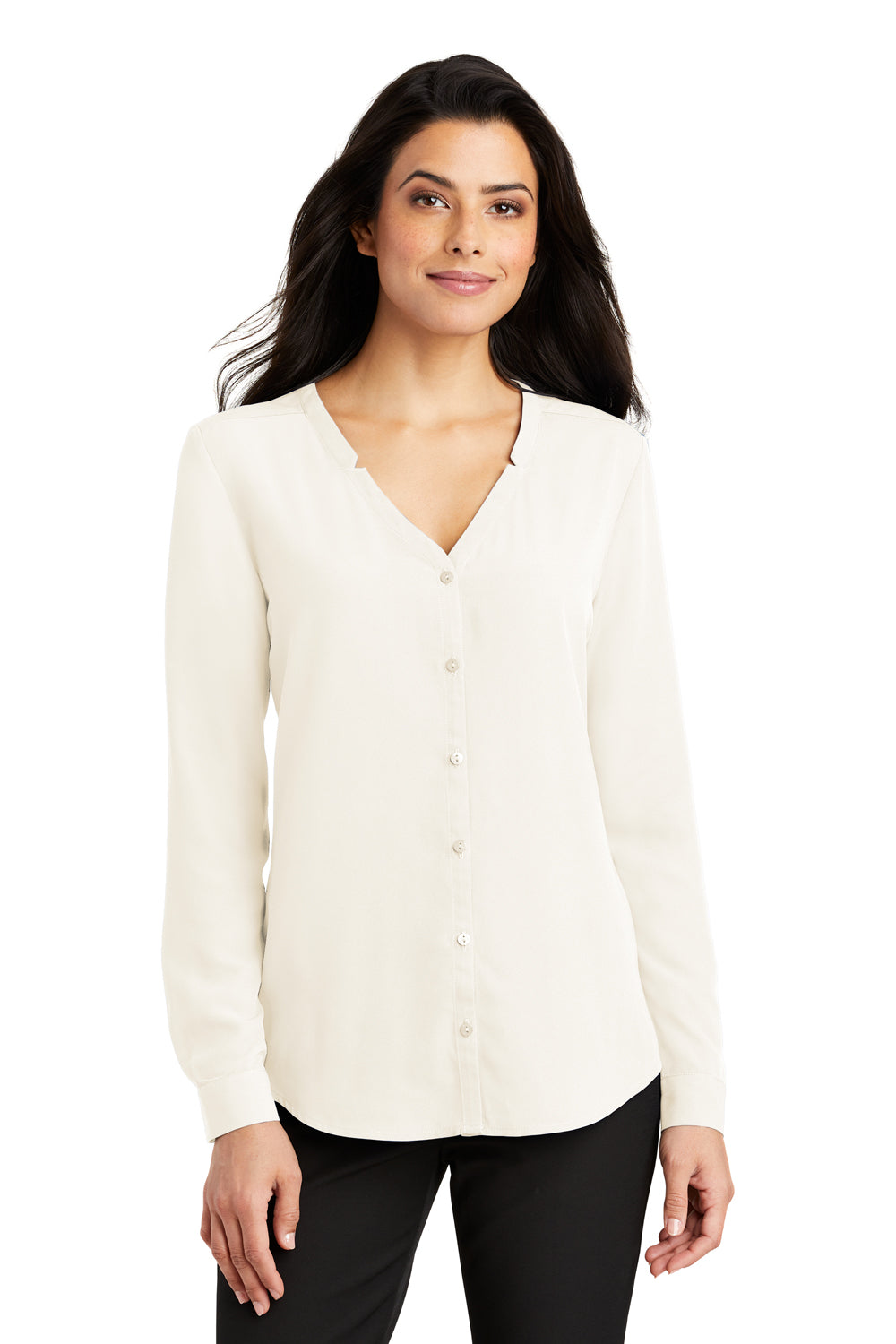 Port Authority LW700 Womens Long Sleeve Button Down Shirt Ivory Chiffon White Model Front