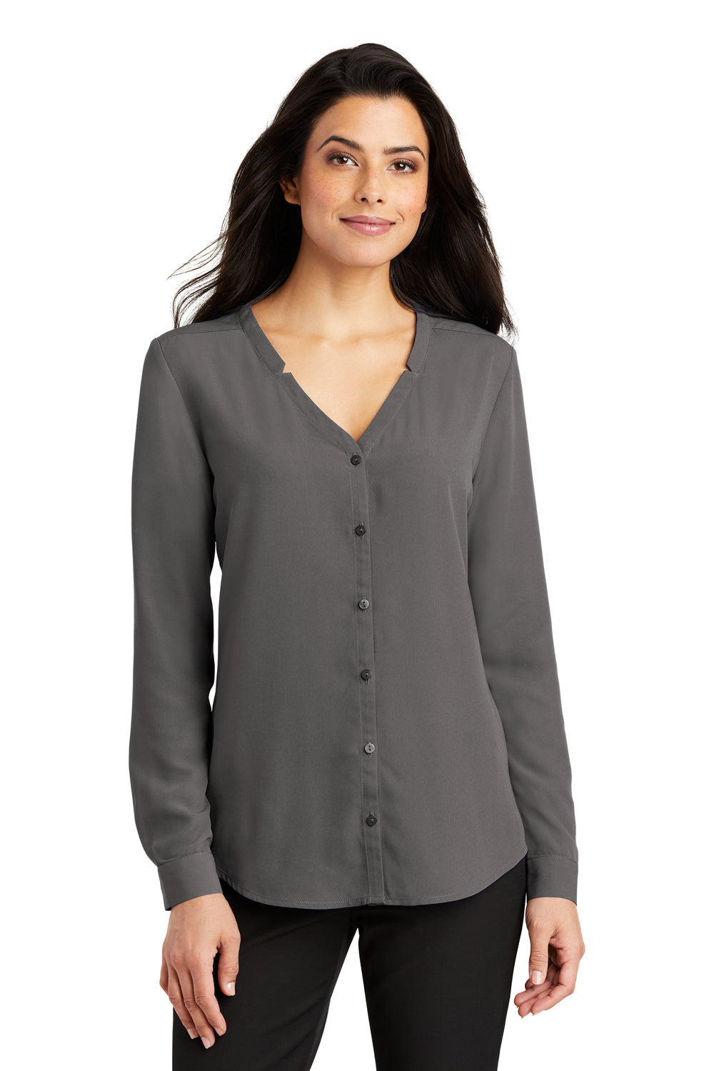 Port Authority LW700 Womens Long Sleeve Button Down Shirt Sterling Grey Model Front