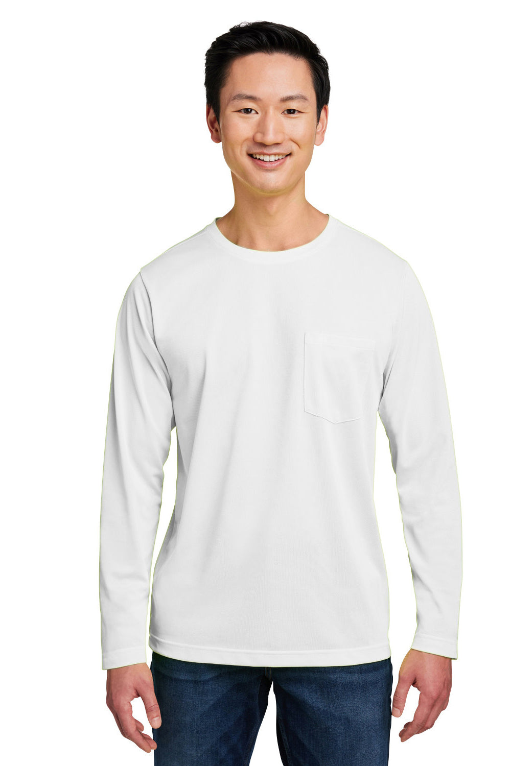 Harriton M118L Mens Charge Moisture Wicking Long Sleeve Crewneck T-Shirt w/ Pocket White Model Front