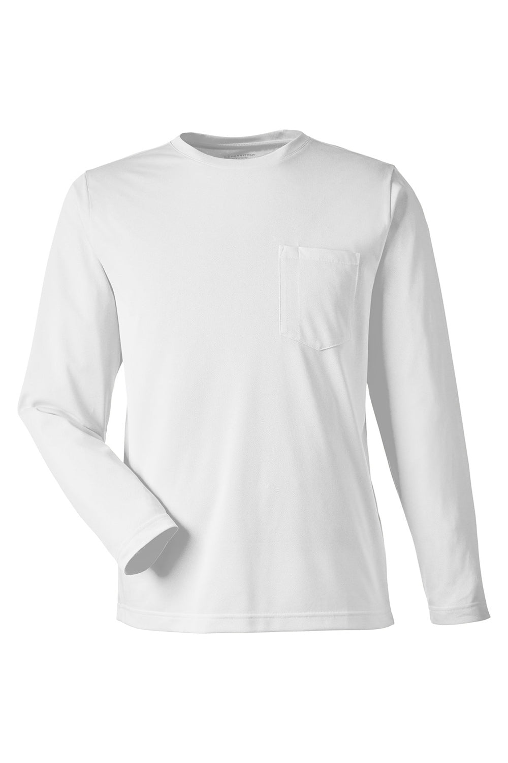 Harriton M118L Mens Charge Moisture Wicking Long Sleeve Crewneck T-Shirt w/ Pocket White Flat Front