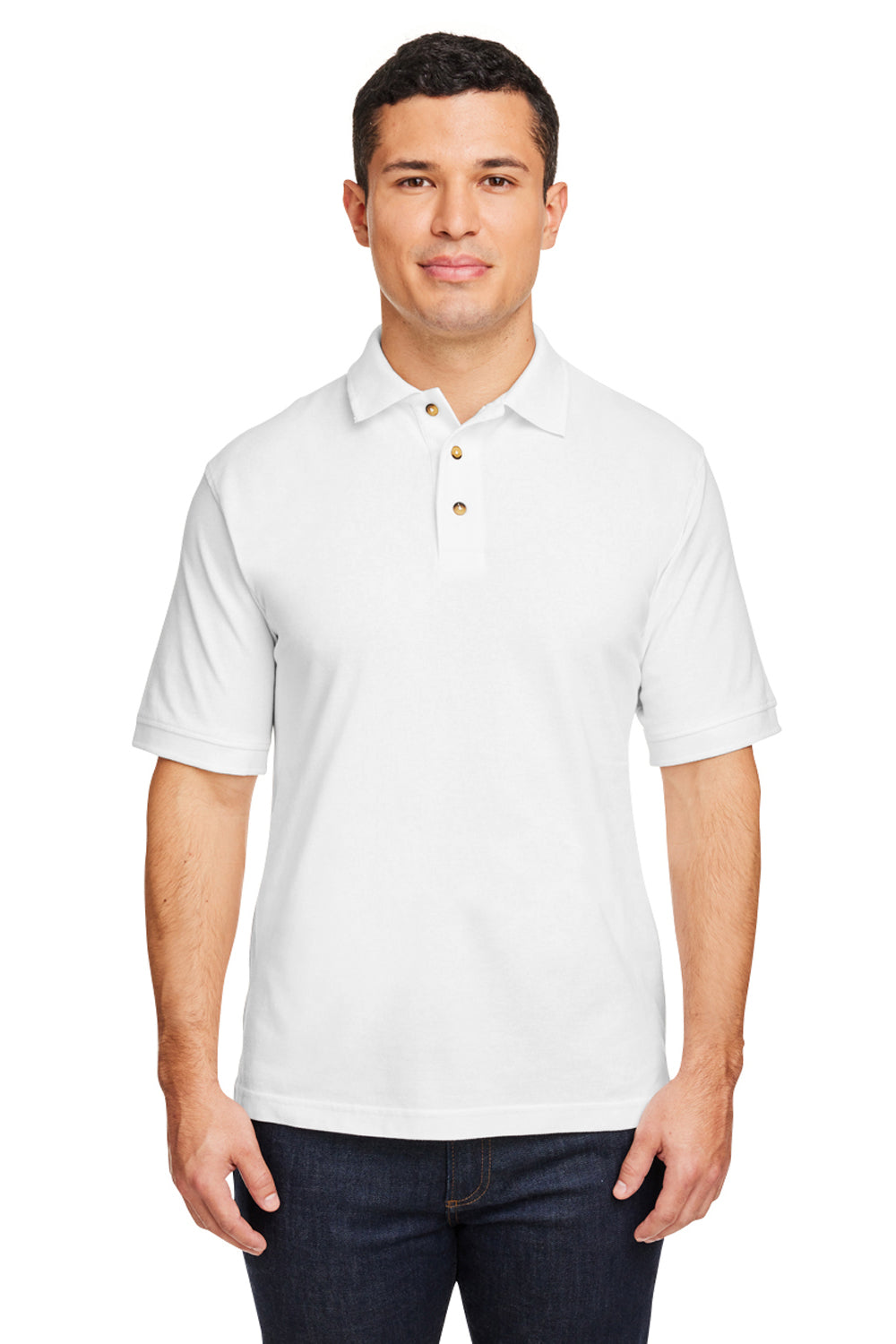 Harriton M200/M200T Mens Short Sleeve Polo Shirt White Model Front