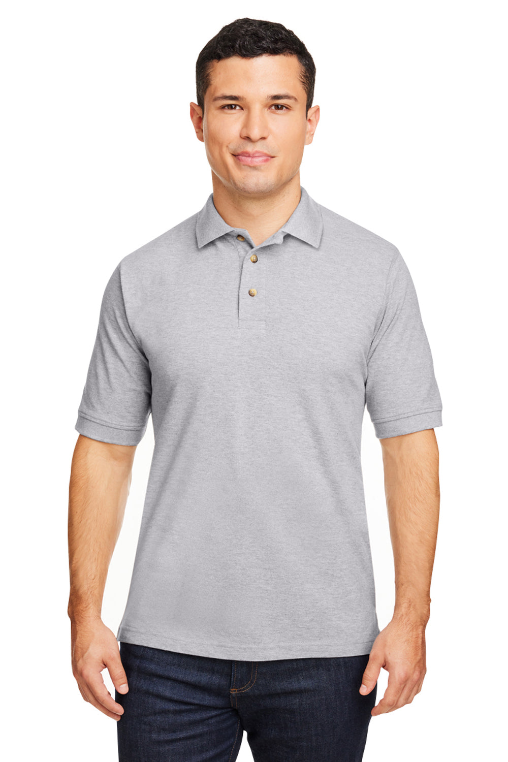 Harriton M200/M200T Mens Short Sleeve Polo Shirt Heather Grey Model Front