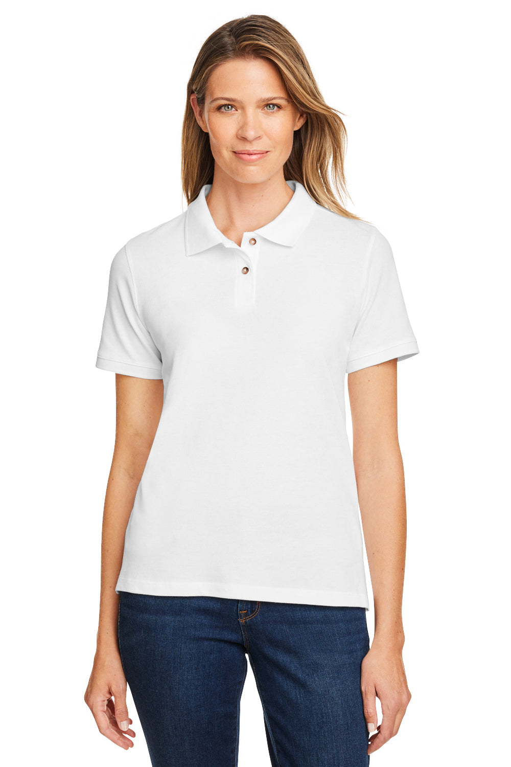 Harriton M200W Womens Short Sleeve Polo Shirt White Model Front