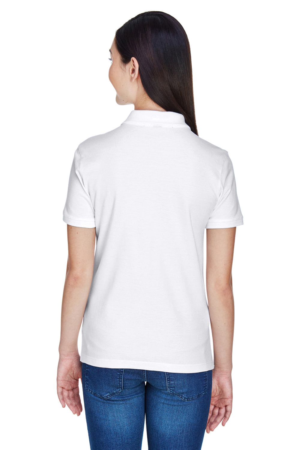 Harriton M200W Womens Short Sleeve Polo Shirt White Model Back