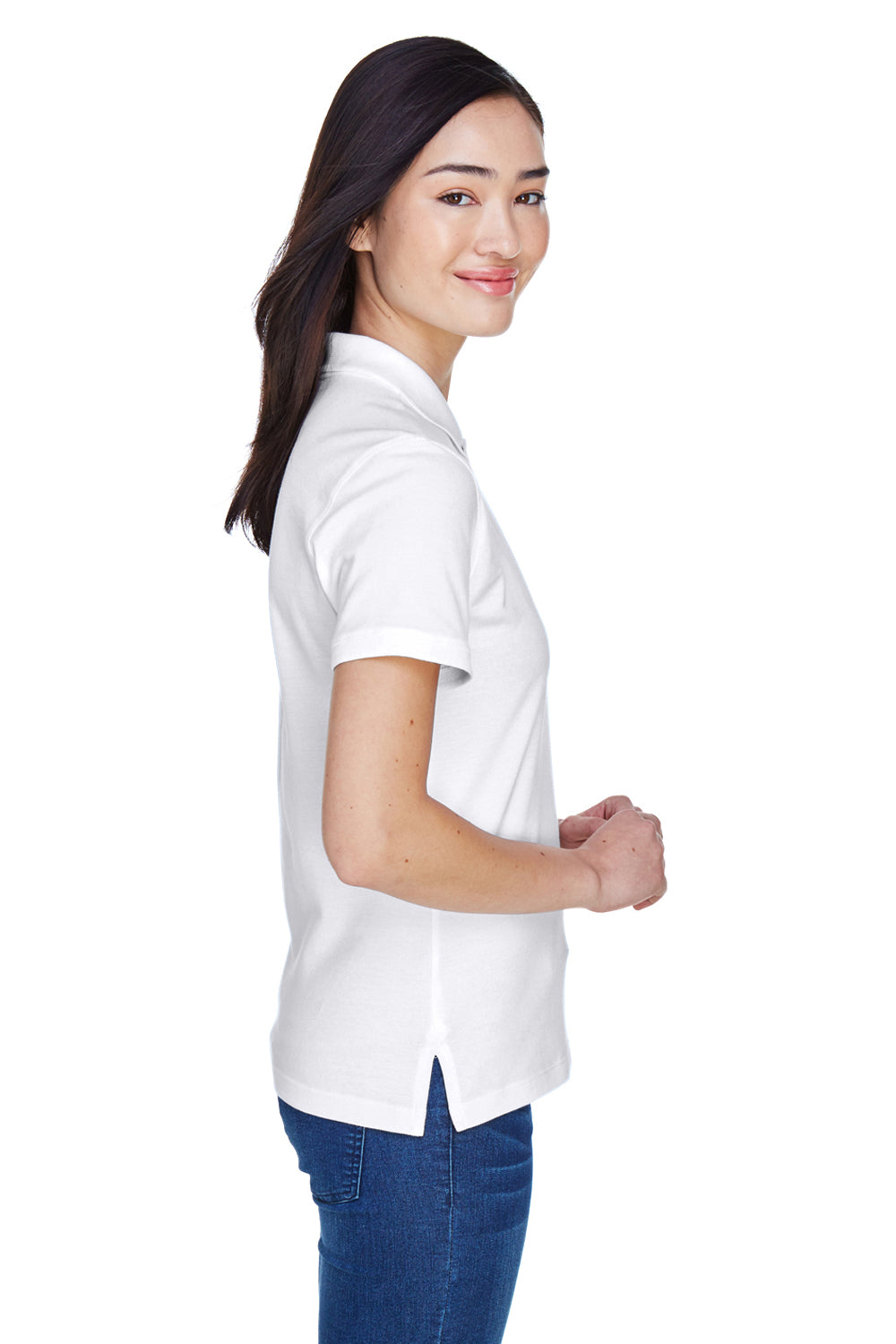 Harriton M200W Womens Short Sleeve Polo Shirt White Model Side