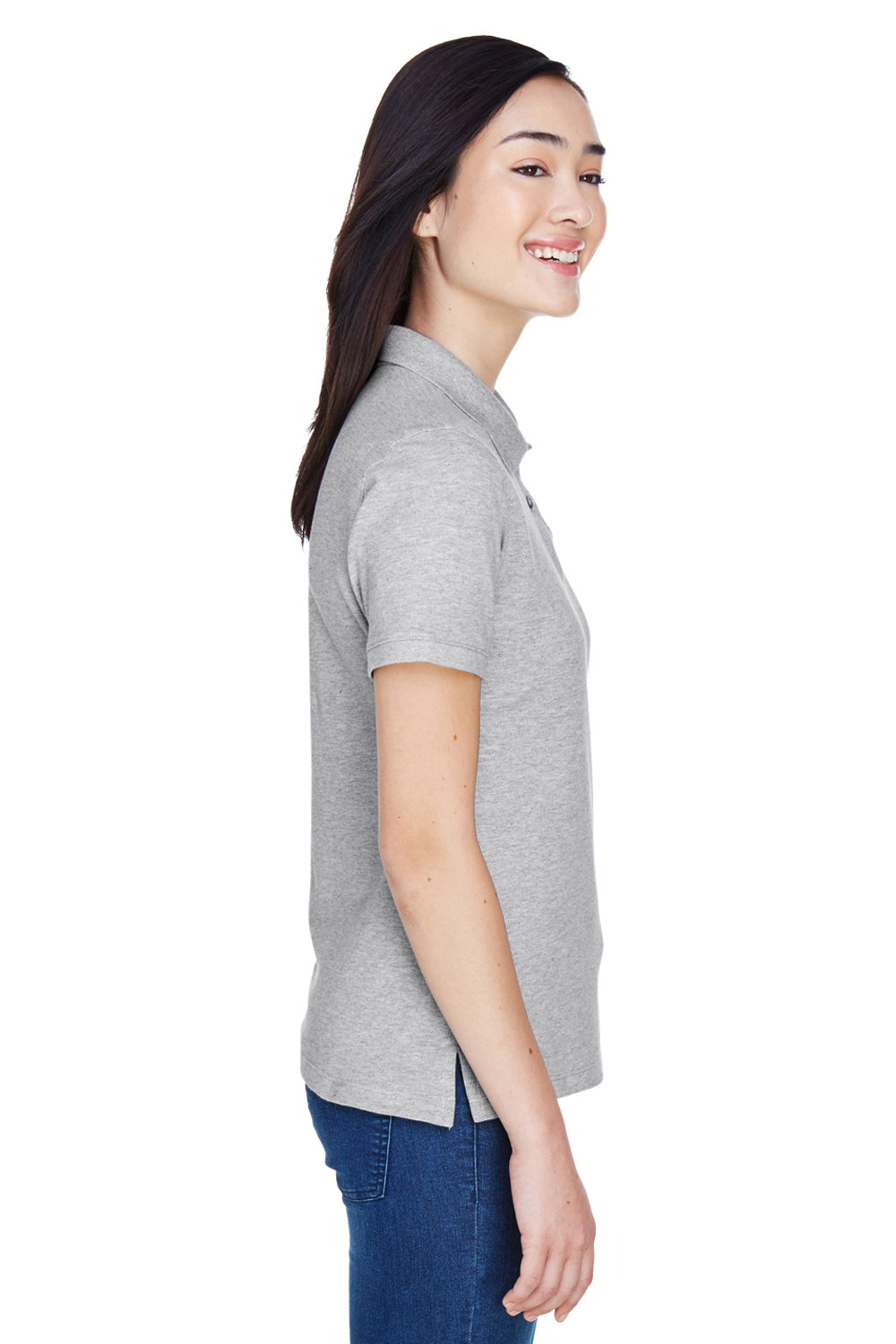 Harriton M200W Womens Short Sleeve Polo Shirt Heather Grey Model Side