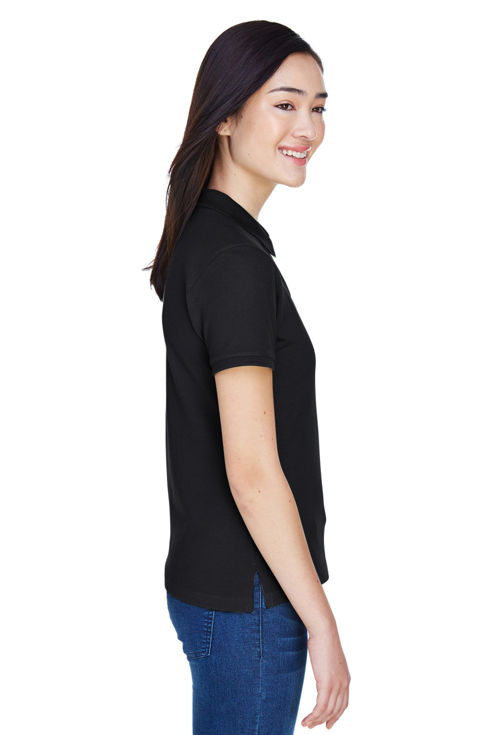 Harriton M200W Womens Short Sleeve Polo Shirt Black Model Side