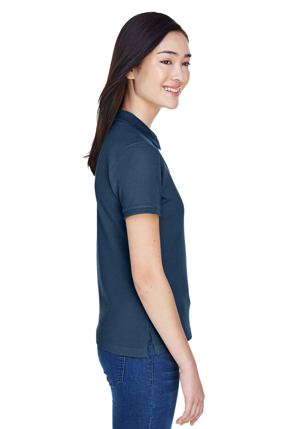 Harriton M200W Womens Short Sleeve Polo Shirt Navy Blue Model Side