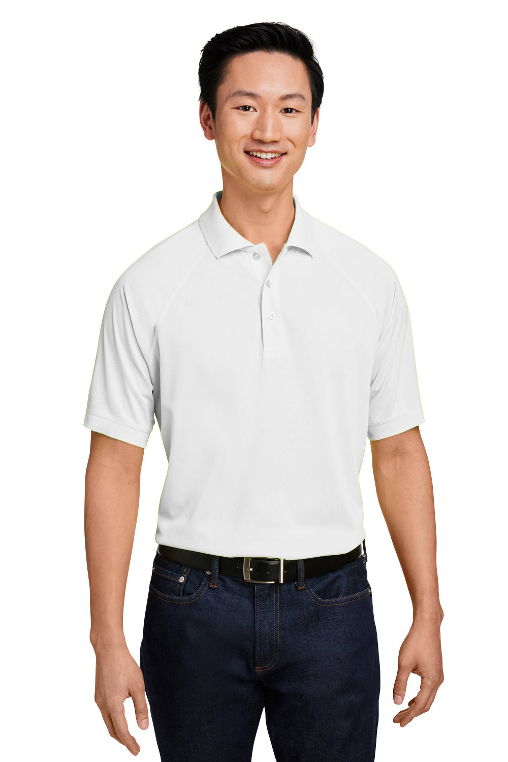 Harriton M208 Mens Charge Moisture Wicking Short Sleeve Polo Shirt White Model Front