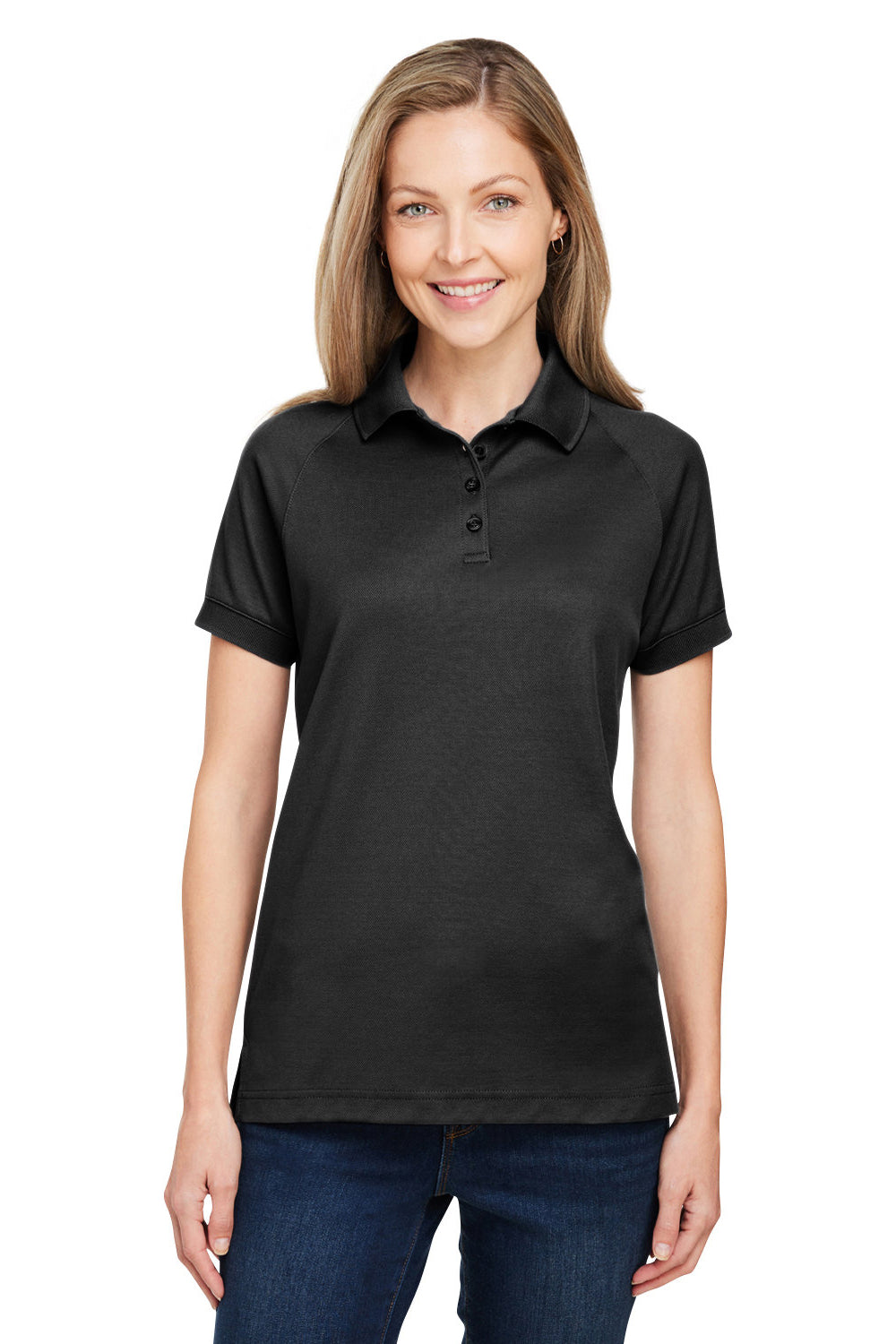 Harriton M208W Womens Charge Moisture Wicking Short Sleeve Polo Shirt Black Model Front