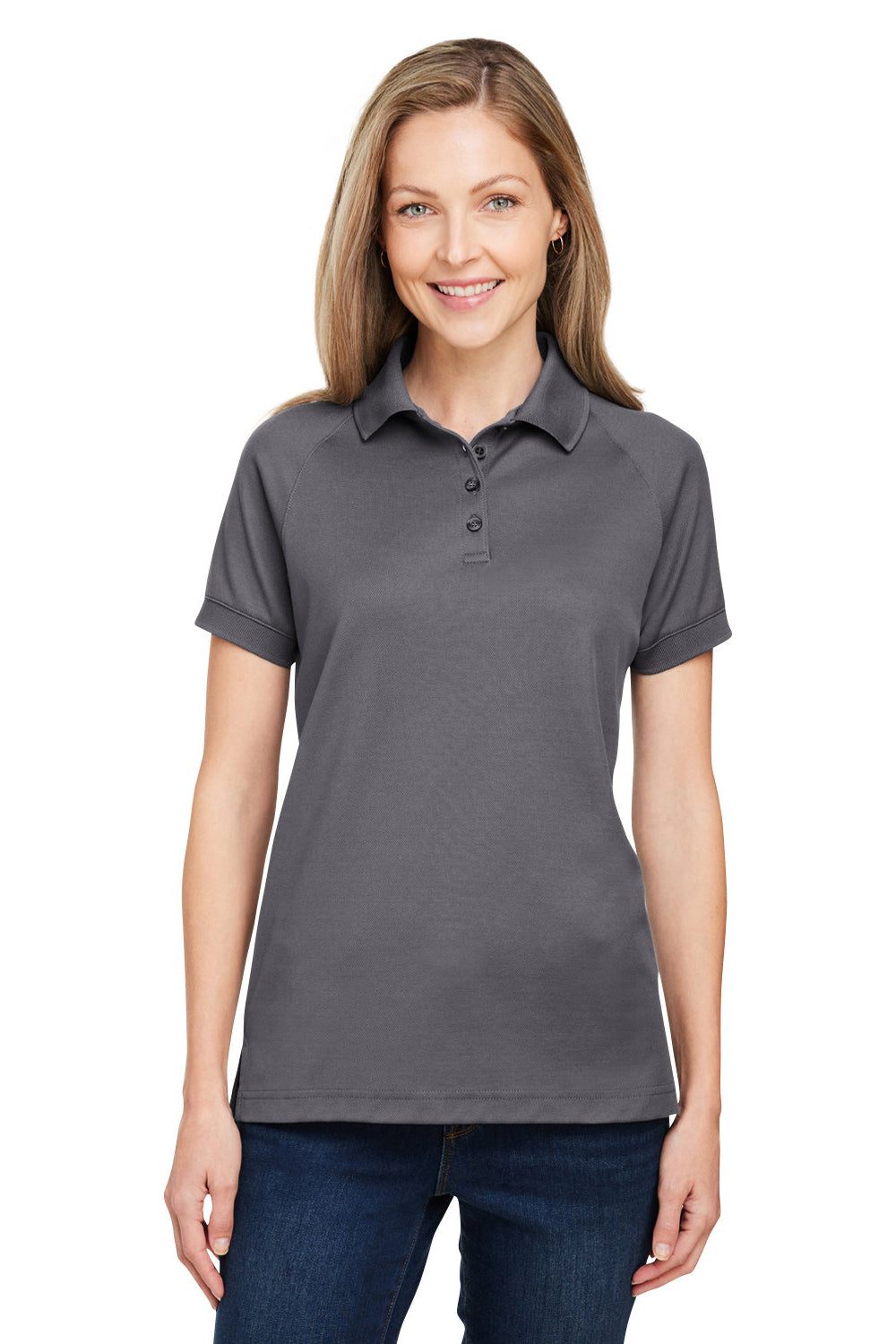 Harriton M208W Womens Charge Moisture Wicking Short Sleeve Polo Shirt Dark Charcoal Grey Model Front