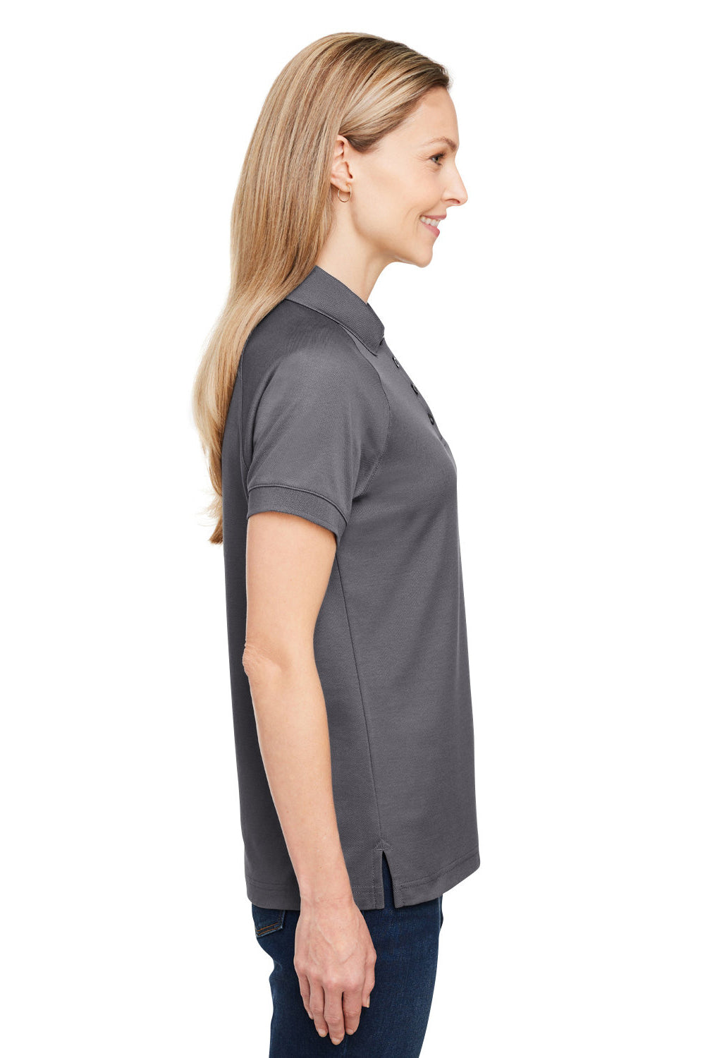 Harriton M208W Womens Charge Moisture Wicking Short Sleeve Polo Shirt Dark Charcoal Grey Model Side