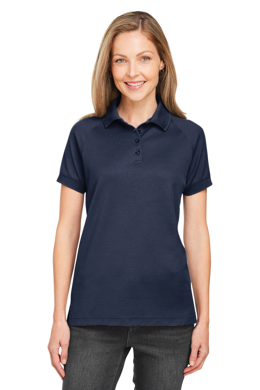 Harriton M208W Womens Charge Moisture Wicking Short Sleeve Polo Shirt Dark Navy Blue Model Front