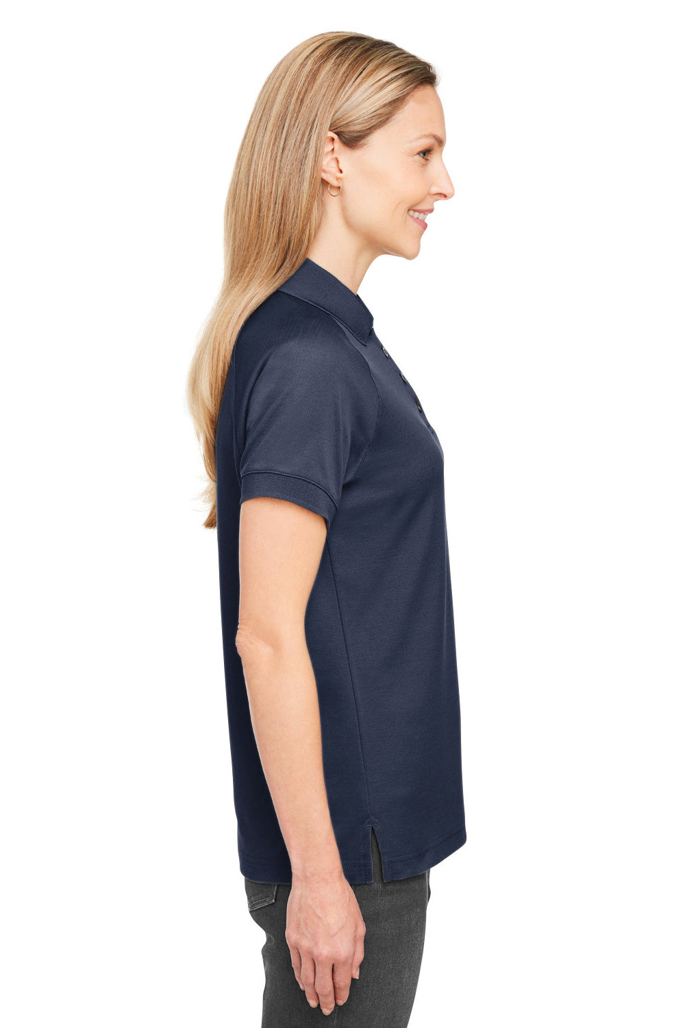 Harriton M208W Womens Charge Moisture Wicking Short Sleeve Polo Shirt Dark Navy Blue Model Side