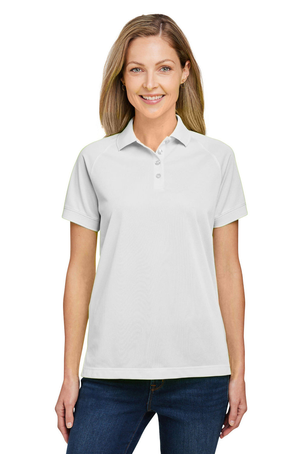 Harriton M208W Womens Charge Moisture Wicking Short Sleeve Polo Shirt White Model Front