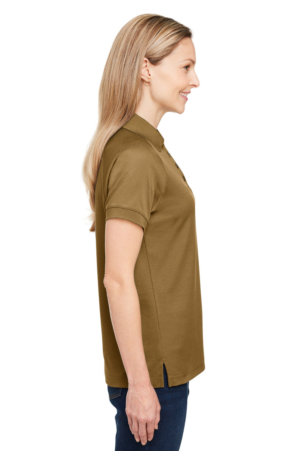 Harriton M208W Womens Charge Moisture Wicking Short Sleeve Polo Shirt Coyote Brown Model Side