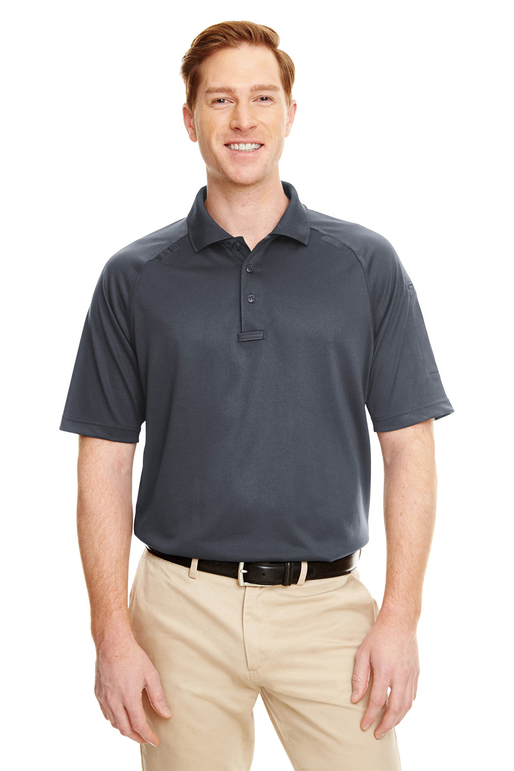 Harriton M211 Mens Advantage Tactical Moisture Wicking Short Sleeve Polo Shirt Dark Charcoal Grey Model Front