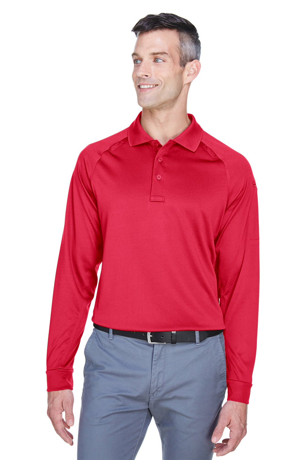 Harriton M211L Mens Advantage Tactical Moisture Wicking Long Sleeve Polo Shirt Red Model Front