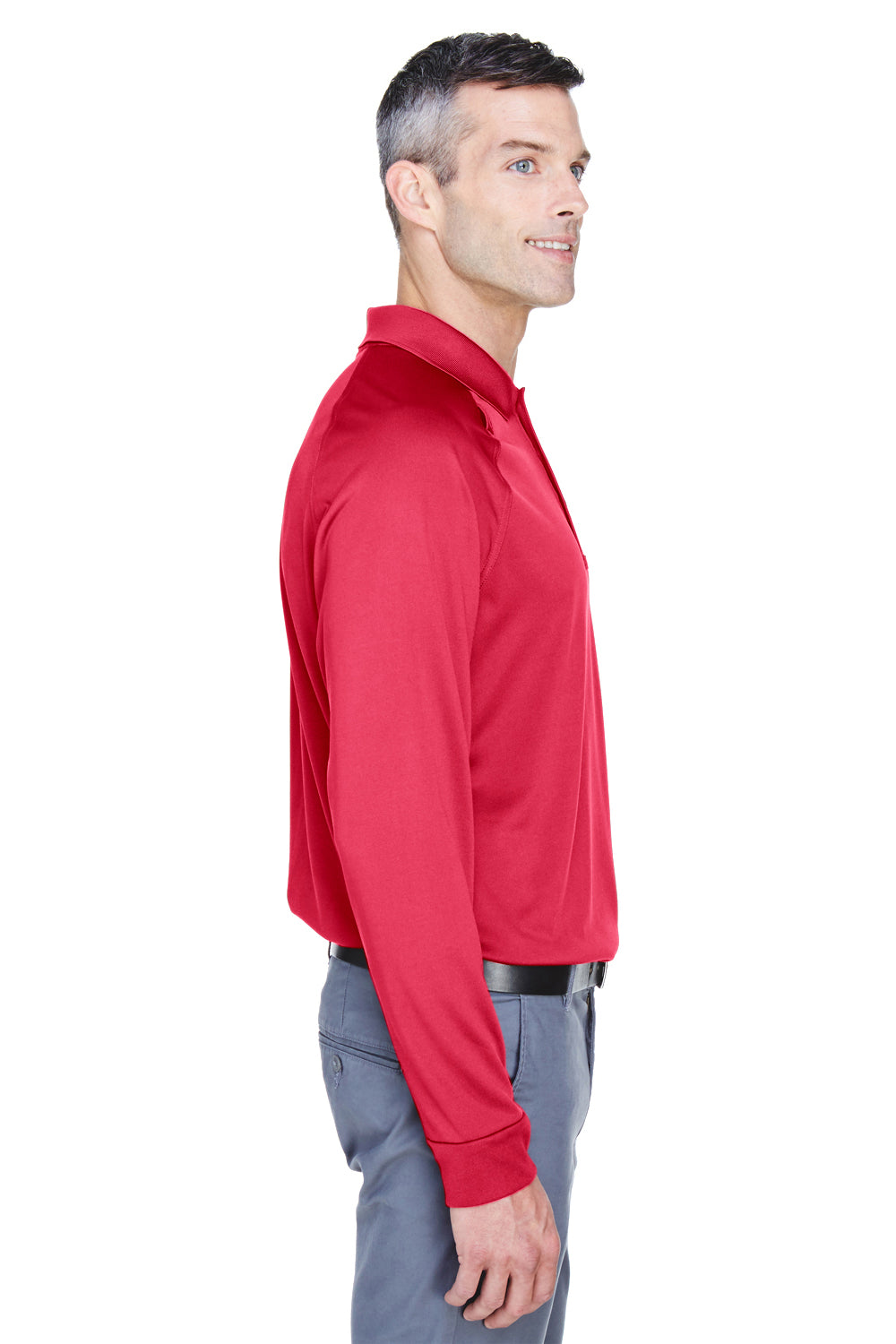 Harriton M211L Mens Advantage Tactical Moisture Wicking Long Sleeve Polo Shirt Red Model Side