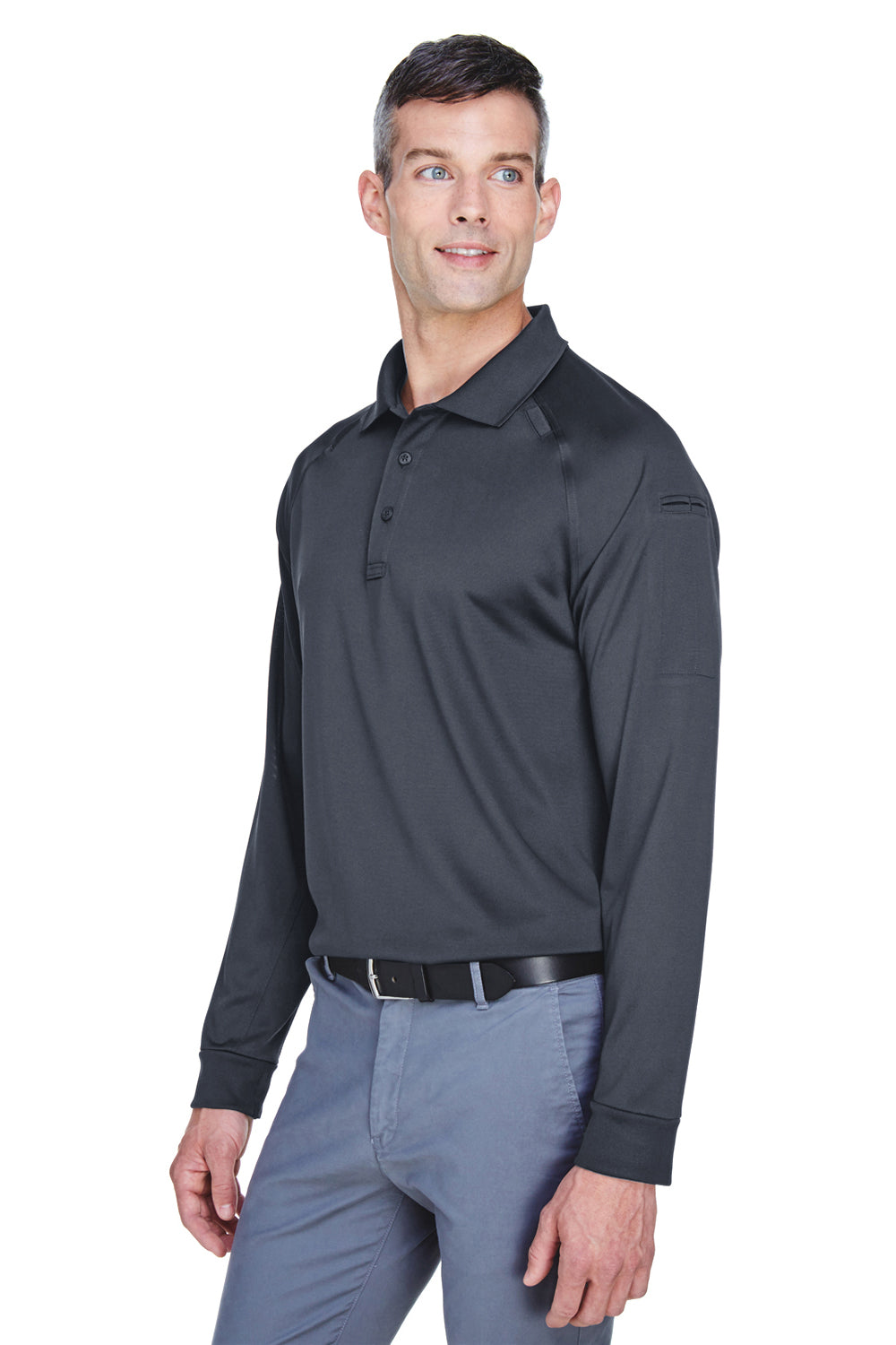 Harriton M211L Mens Advantage Tactical Moisture Wicking Long Sleeve Polo Shirt Dark Charcoal Grey Model 3q