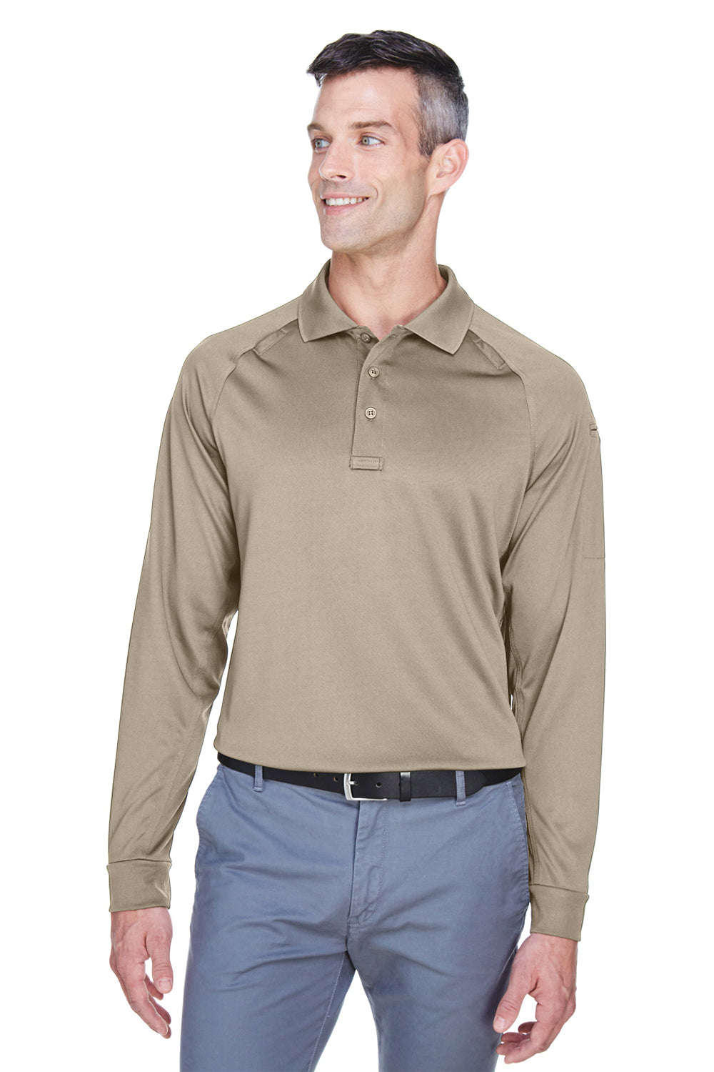 Harriton M211L Mens Advantage Tactical Moisture Wicking Long Sleeve Polo Shirt Desert Khaki Model Front