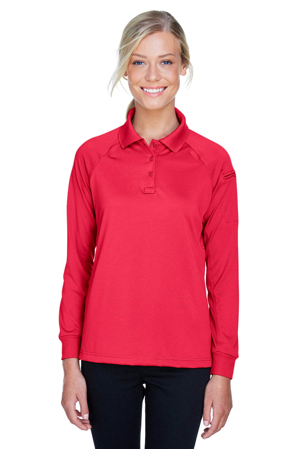 Harriton M211LW Womens Advantage Tactical Moisture Wicking Long Sleeve Polo Shirt Red Model Front