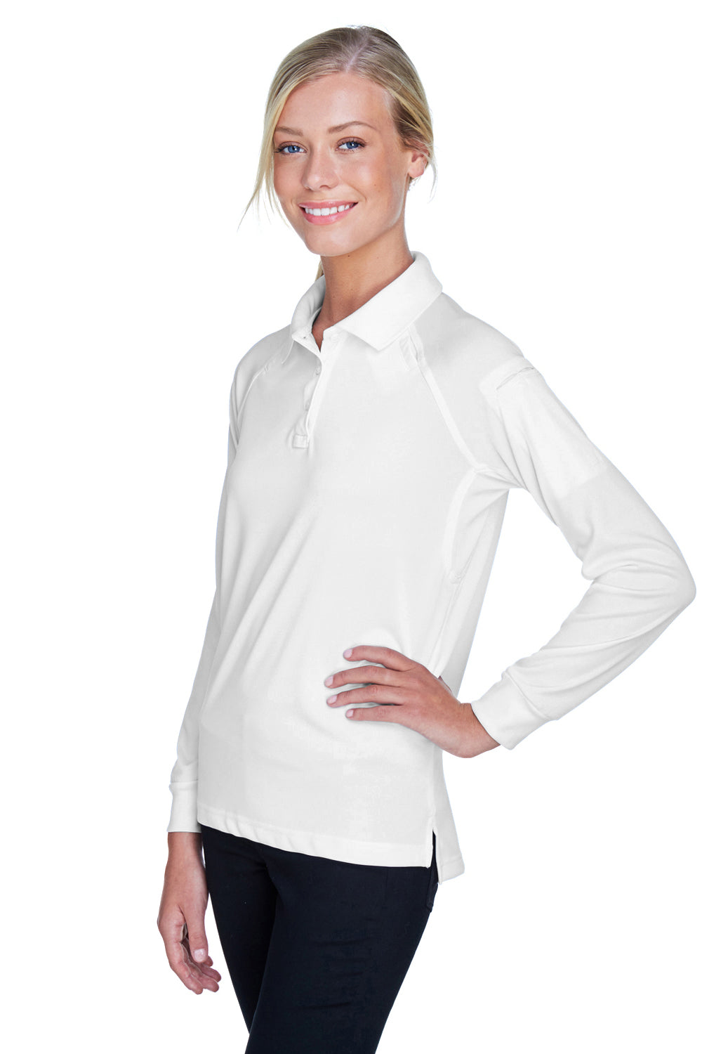 Harriton M211LW Womens Advantage Tactical Moisture Wicking Long Sleeve Polo Shirt White Model 3q