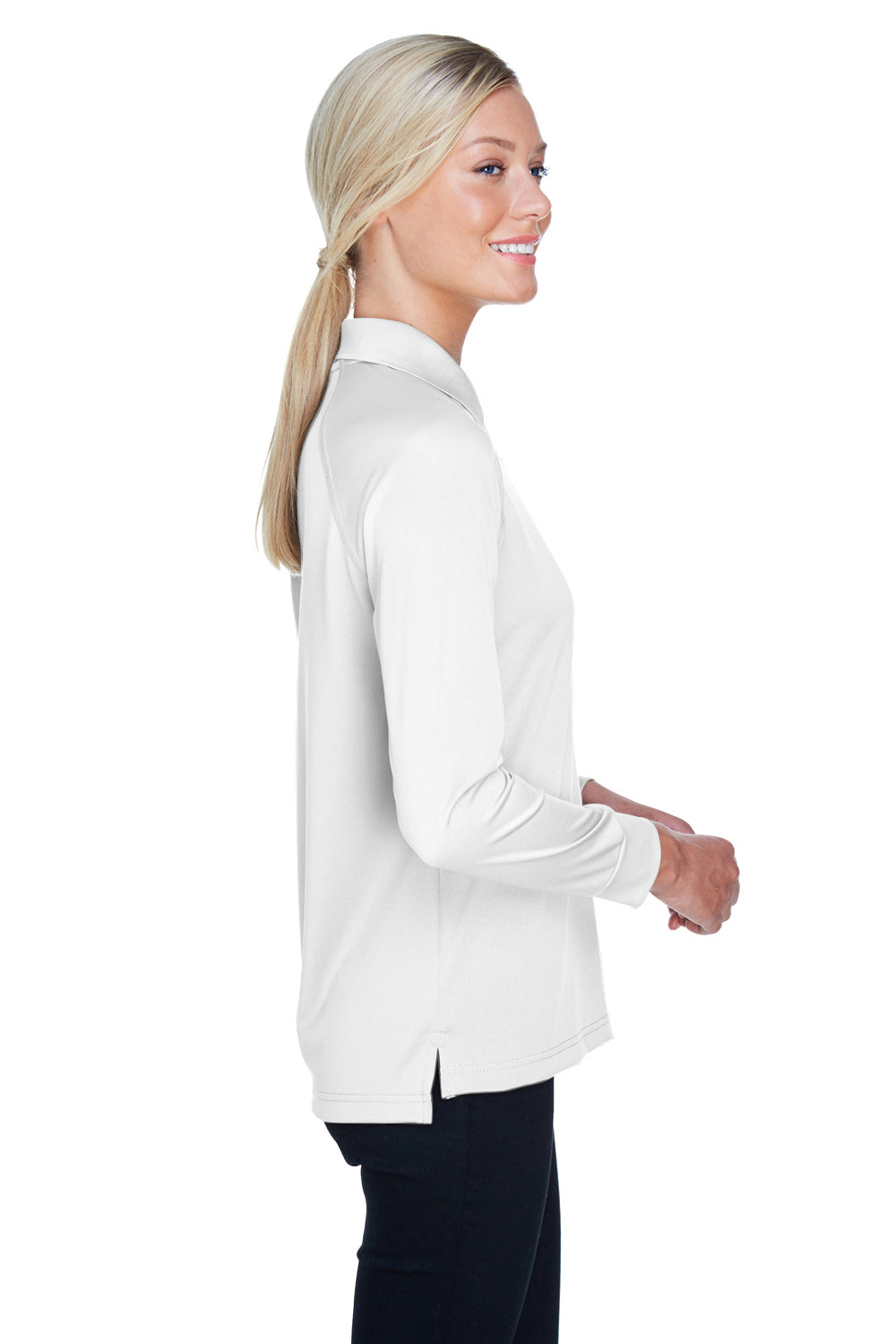 Harriton M211LW Womens Advantage Tactical Moisture Wicking Long Sleeve Polo Shirt White Model Side