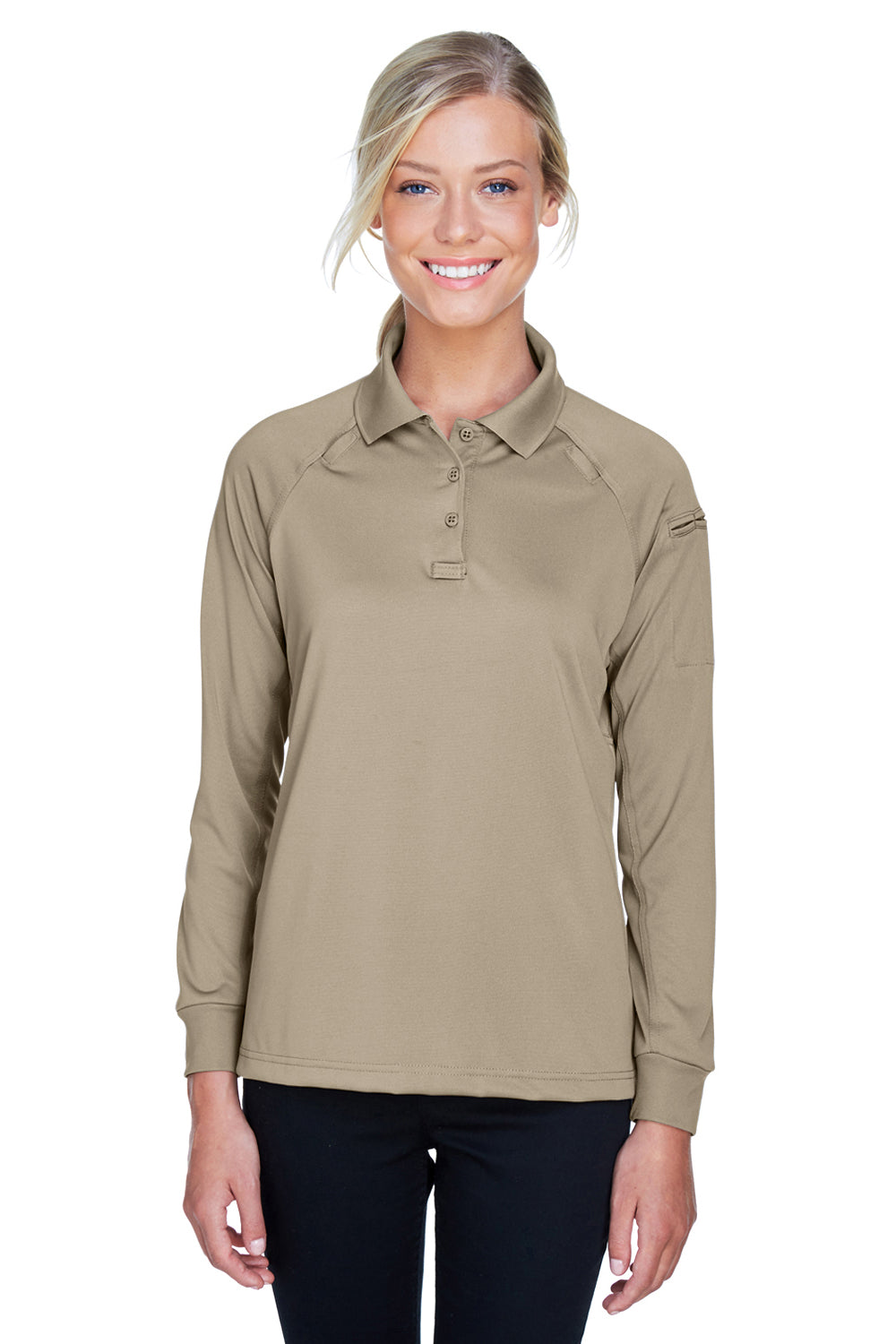 Harriton M211LW Womens Advantage Tactical Moisture Wicking Long Sleeve Polo Shirt Desert Khaki Model Front