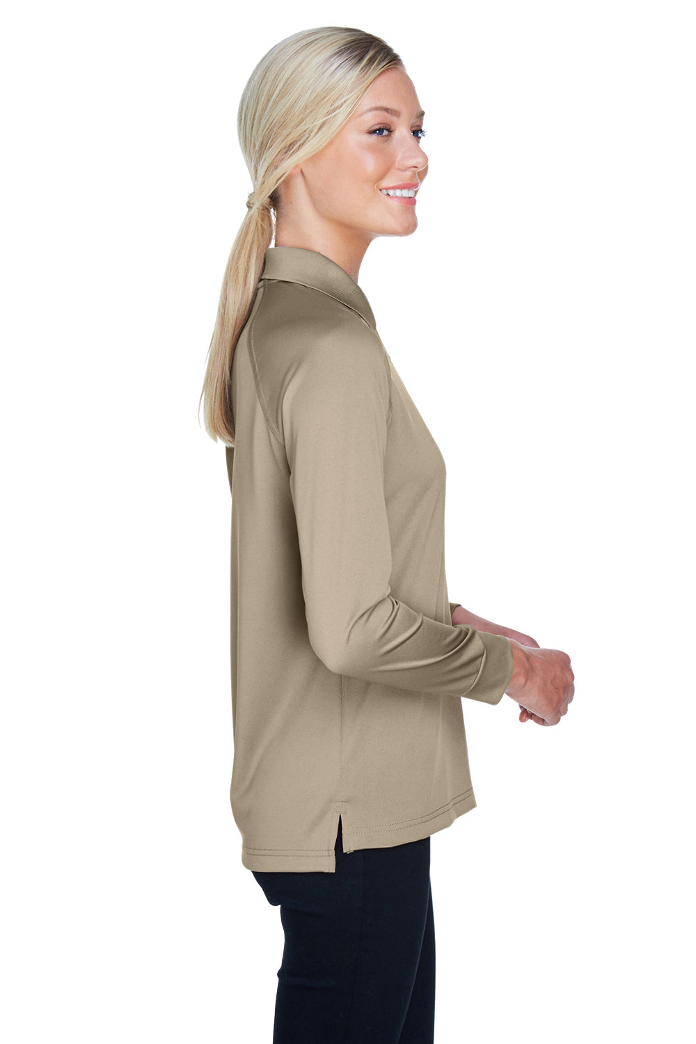 Harriton M211LW Womens Advantage Tactical Moisture Wicking Long Sleeve Polo Shirt Desert Khaki Model Side