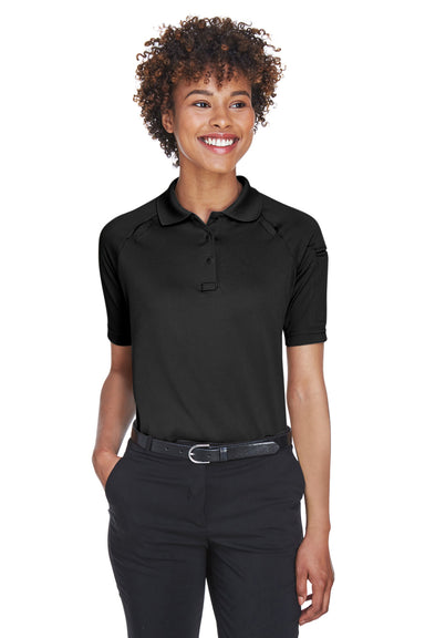 Harriton M211W Womens Advantage Tactical Moisture Wicking Short Sleeve Polo Shirt Black Model Front