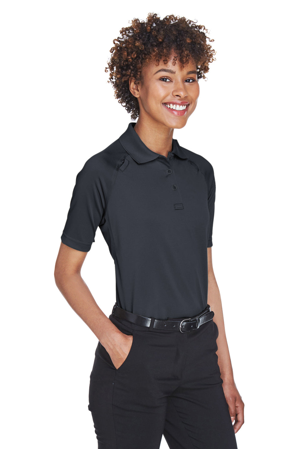 Harriton M211W Womens Advantage Tactical Moisture Wicking Short Sleeve Polo Shirt Dark Charcoal Grey Model 3q