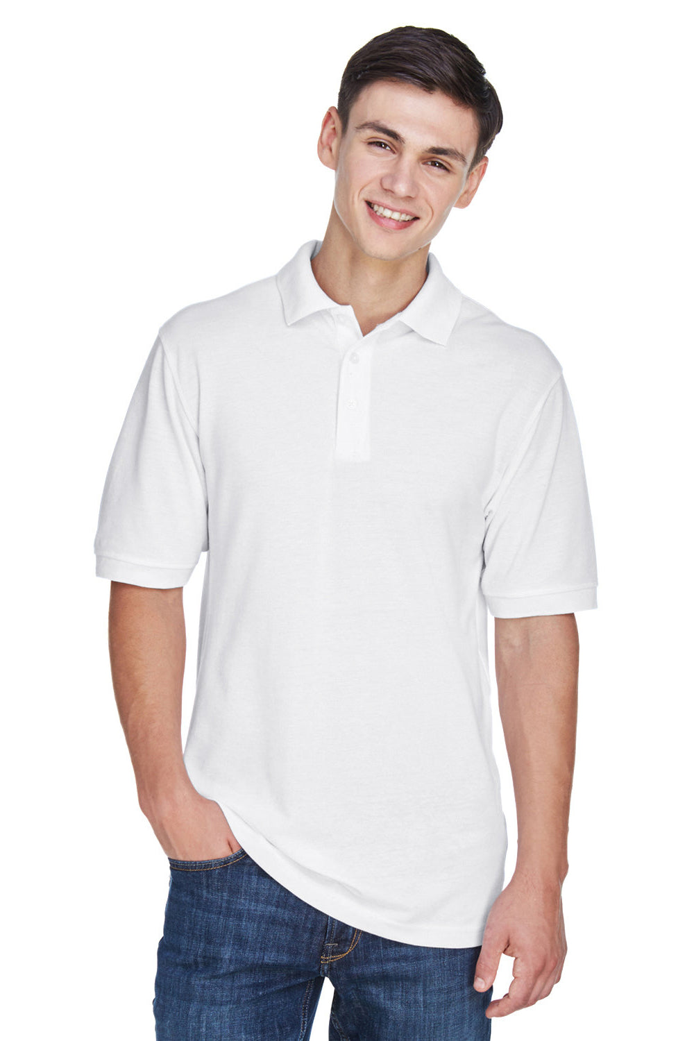 Harriton M265/M265T Mens Easy Blend Wrinkle Resistant Short Sleeve Polo Shirt White Model Front