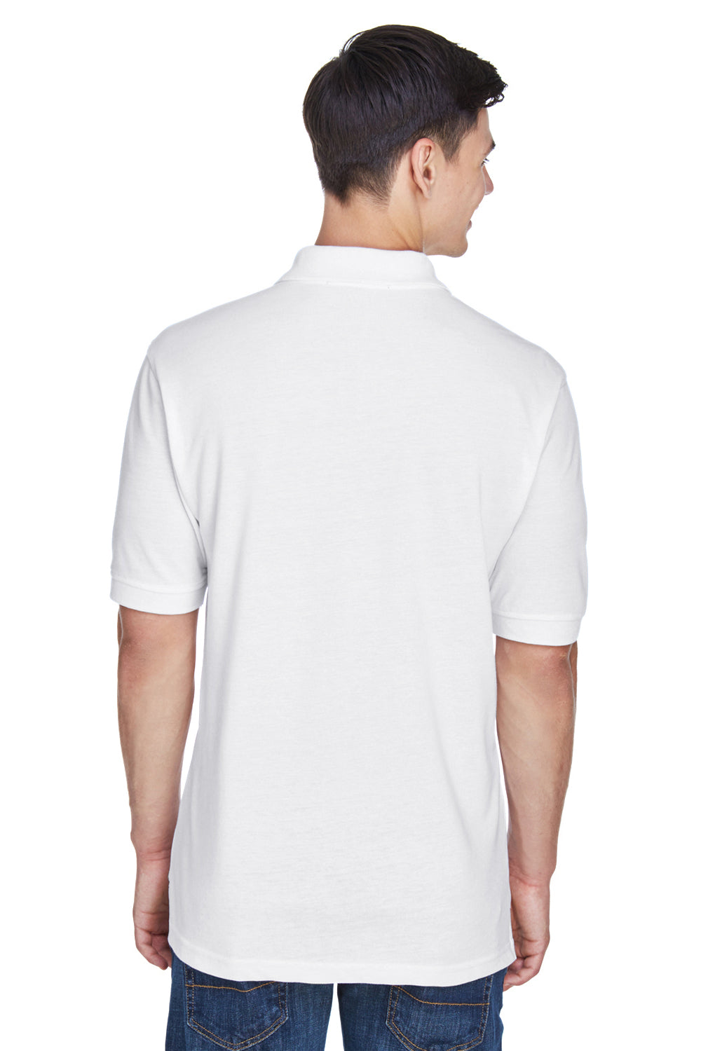 Harriton M265/M265T Mens Easy Blend Wrinkle Resistant Short Sleeve Polo Shirt White Model Back