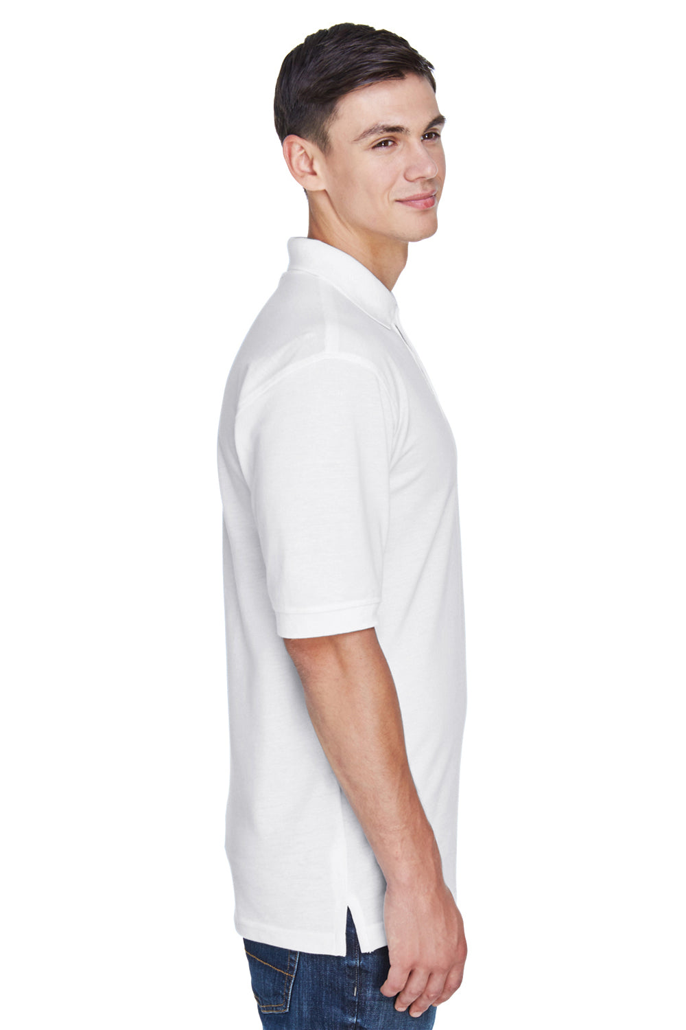 Harriton M265/M265T Mens Easy Blend Wrinkle Resistant Short Sleeve Polo Shirt White Model Side