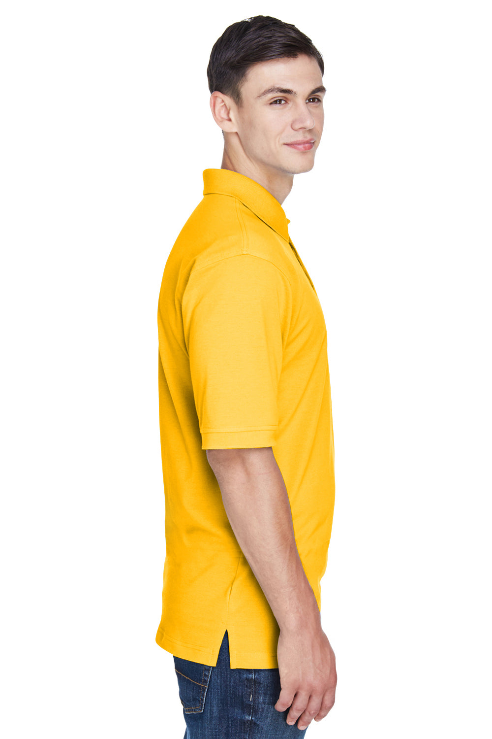 Harriton M265/M265T Mens Easy Blend Wrinkle Resistant Short Sleeve Polo Shirt Sunray Yellow Model Side