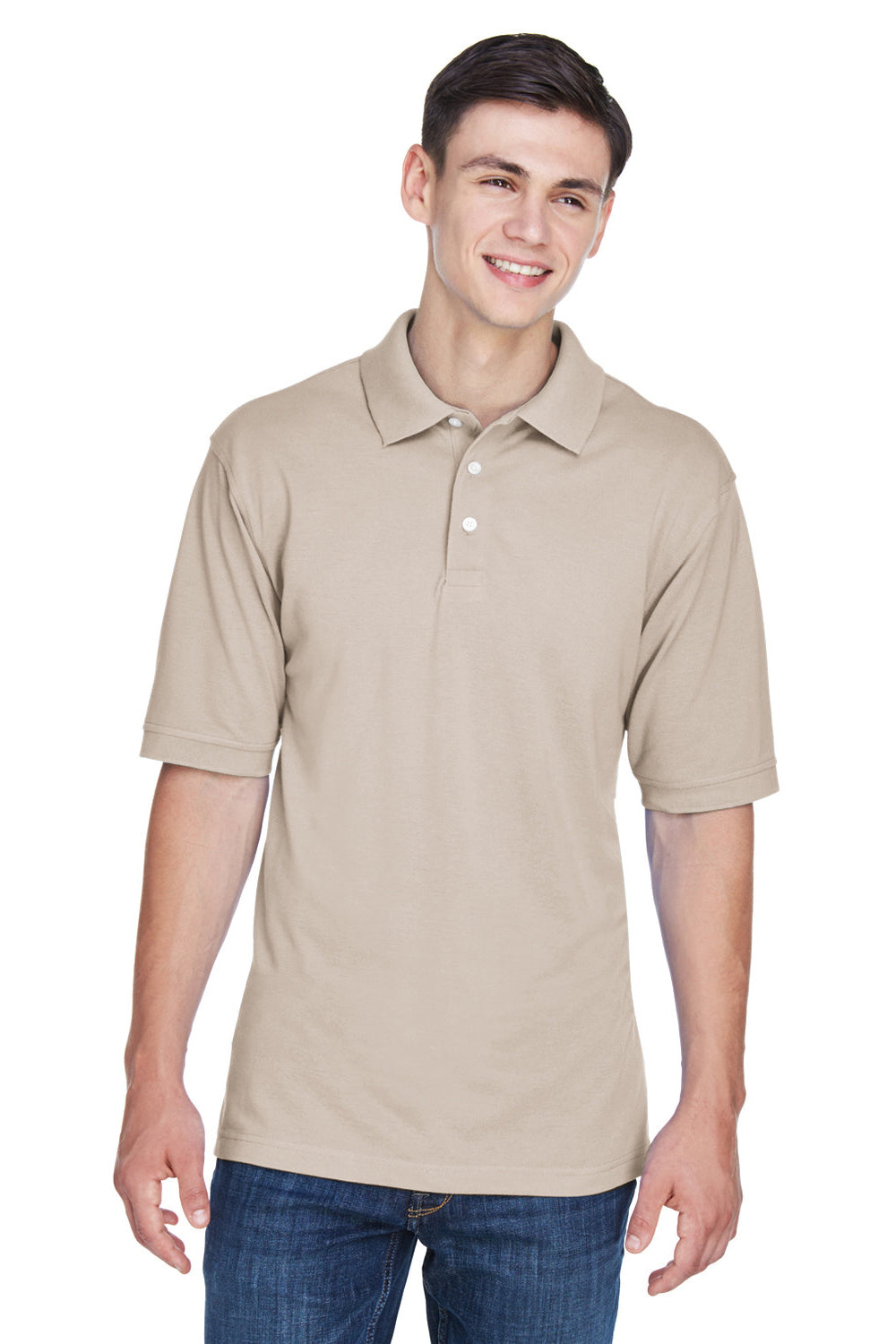 Harriton M265/M265T Mens Easy Blend Wrinkle Resistant Short Sleeve Polo Shirt Stone Model Front