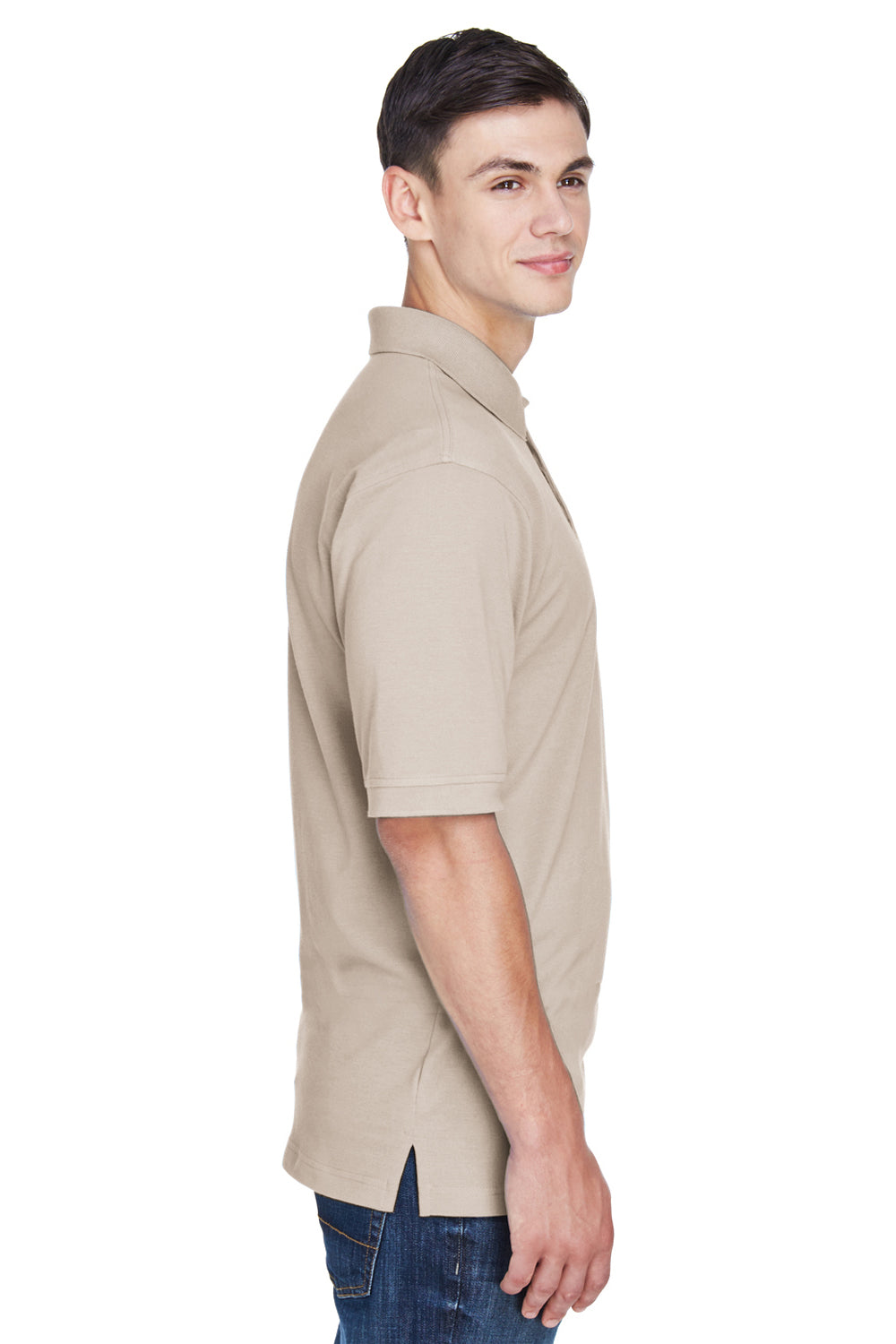 Harriton M265/M265T Mens Easy Blend Wrinkle Resistant Short Sleeve Polo Shirt Stone Model Side