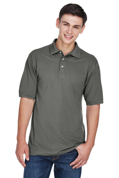 Harriton M265/M265T Mens Easy Blend Wrinkle Resistant Short Sleeve Polo Shirt Charcoal Grey Model Front