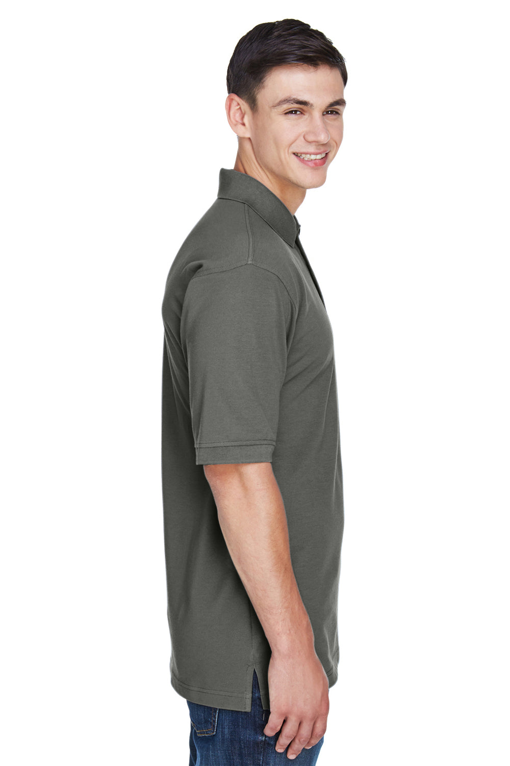 Harriton M265/M265T Mens Easy Blend Wrinkle Resistant Short Sleeve Polo Shirt Charcoal Grey Model Side