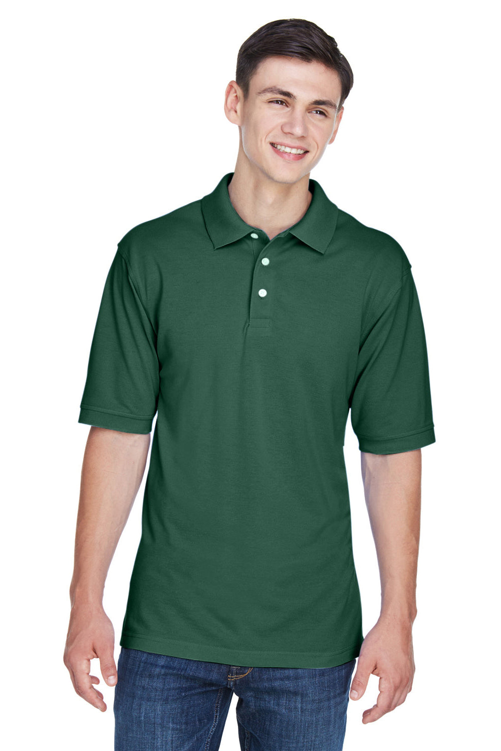 Harriton M265/M265T Mens Easy Blend Wrinkle Resistant Short Sleeve Polo Shirt Hunter Green Model Front