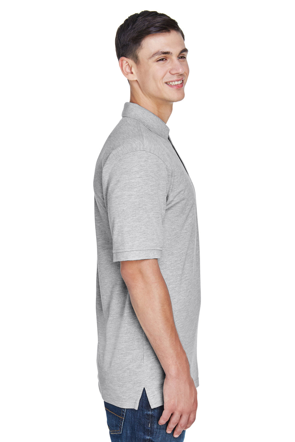 Harriton M265/M265T Mens Easy Blend Wrinkle Resistant Short Sleeve Polo Shirt Heather Grey Model Side