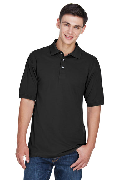 Harriton M265/M265T Mens Easy Blend Wrinkle Resistant Short Sleeve Polo Shirt Black Model Front