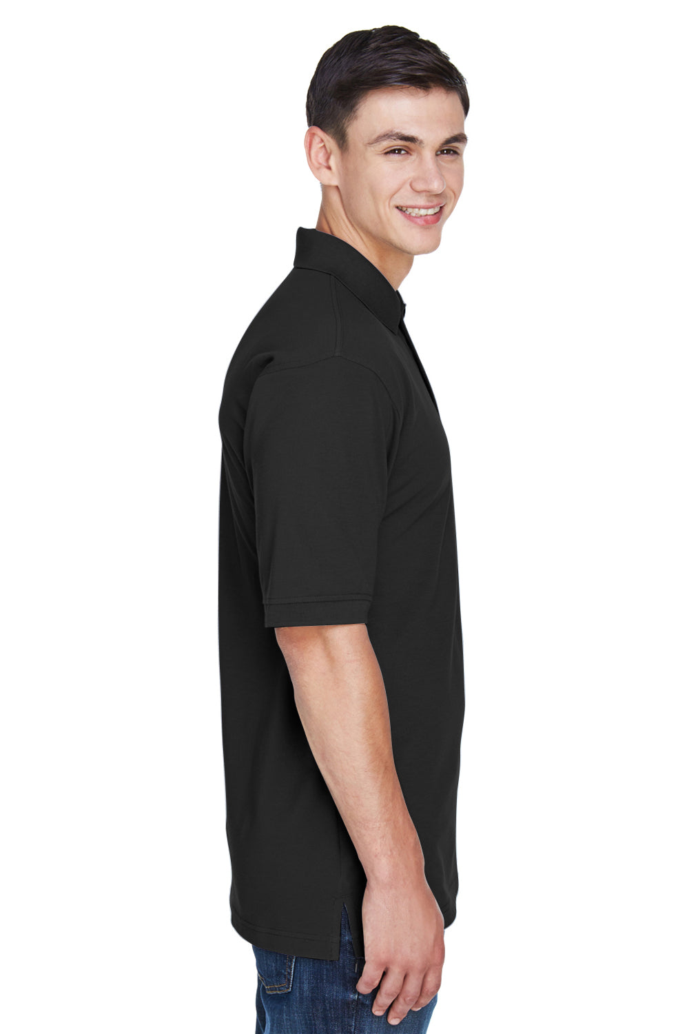 Harriton M265/M265T Mens Easy Blend Wrinkle Resistant Short Sleeve Polo Shirt Black Model Side