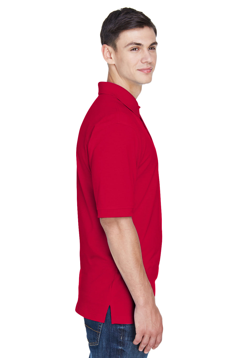 Harriton M265/M265T Mens Easy Blend Wrinkle Resistant Short Sleeve Polo Shirt Red Model Side