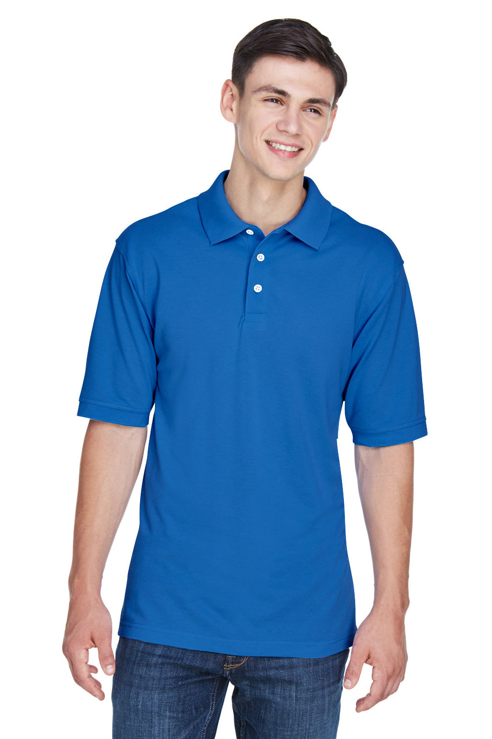 Harriton M265/M265T Mens Easy Blend Wrinkle Resistant Short Sleeve Polo Shirt True Royal Blue Model Front