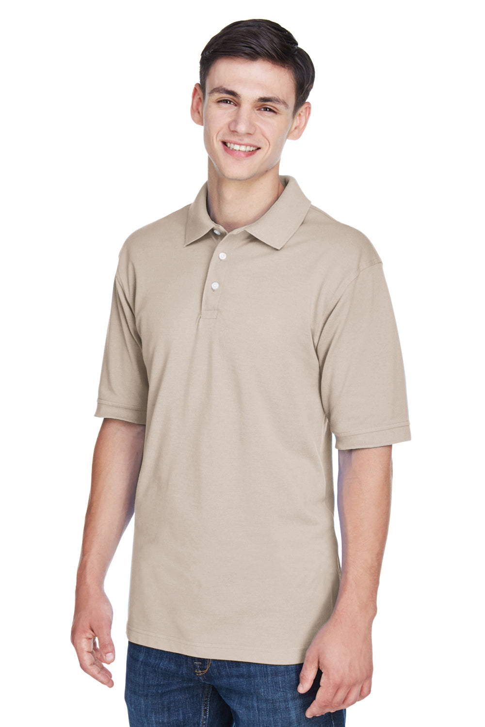 Harriton M265/M265T Mens Easy Blend Wrinkle Resistant Short Sleeve Polo Shirt Stone Model 3q