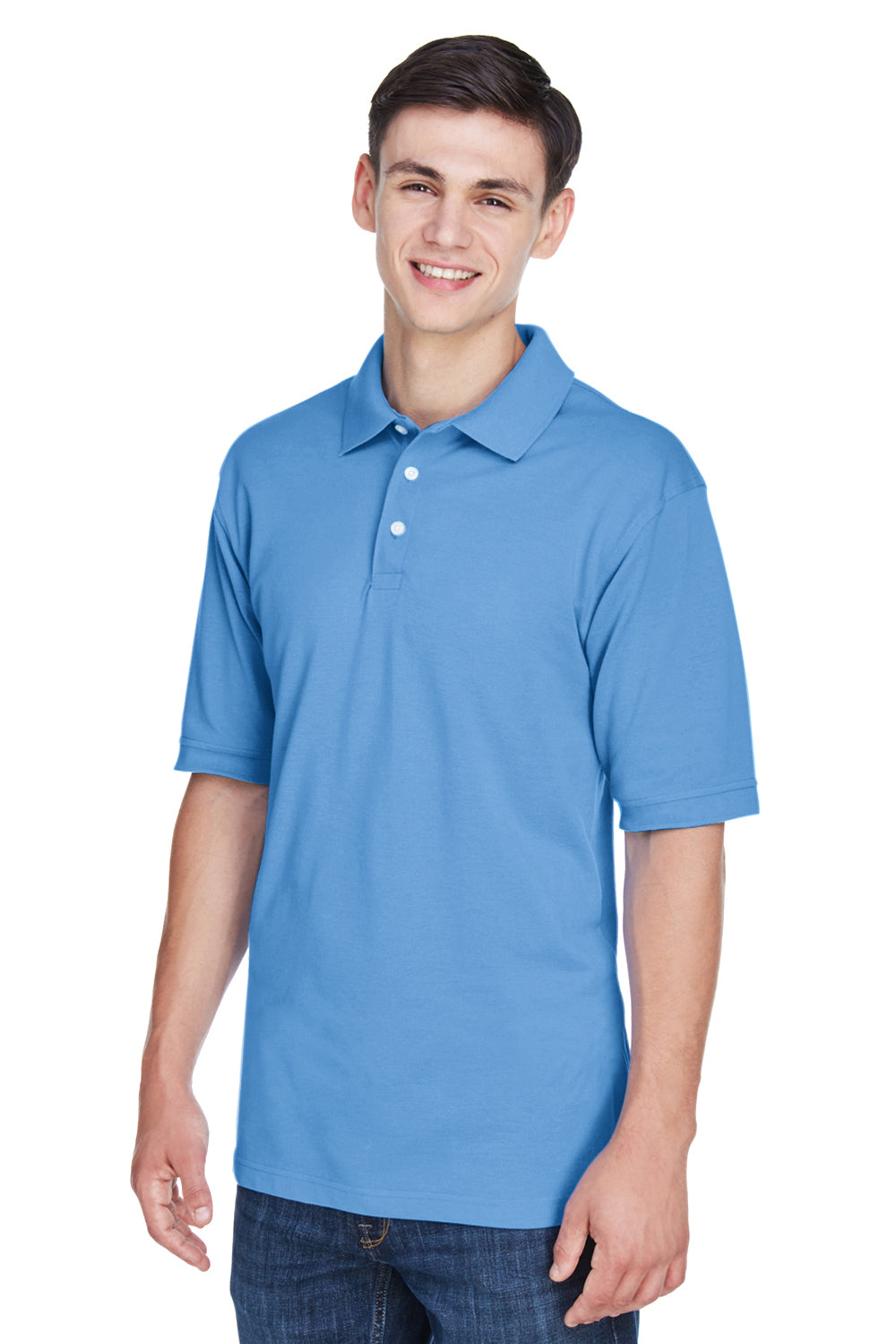 Harriton M265/M265T Mens Easy Blend Wrinkle Resistant Short Sleeve Polo Shirt Light College Blue Model 3q