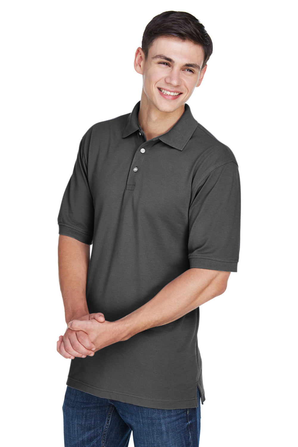 Harriton M265/M265T Mens Easy Blend Wrinkle Resistant Short Sleeve Polo Shirt Charcoal Grey Model 3q