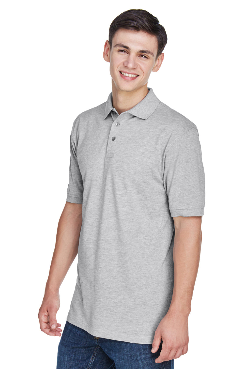 Harriton M265/M265T Mens Easy Blend Wrinkle Resistant Short Sleeve Polo Shirt Heather Grey Model 3q